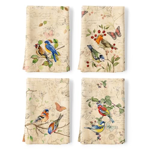 Vintage Birds Tea Towels, 100% Cotton Kitchen Towels, Set of 4 | 18.9 x 27.5 in / 48 x 70 cm, Lightweight Woven Dish Cloth with Retro Birds Print for Bird Lovers, Hostess Gift - color: Retro Birds
