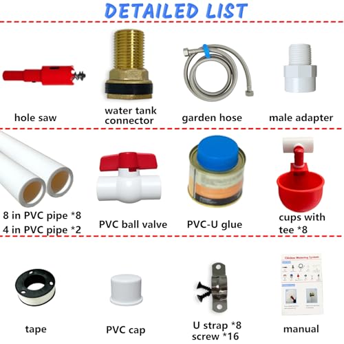 Automatic Chicken Watering System with 1/2" PVC Pipe and Chicken Waterer Cups, Stainless Steel Hose, Leak-Proof and Easy-Assembly Chicken Waterer Feeder Kit for Coops