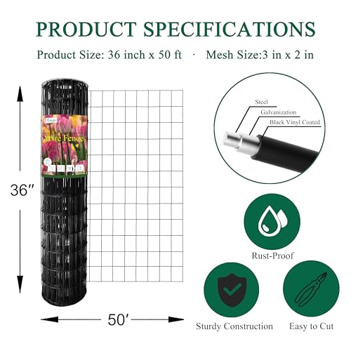 Black PVC Coated Welded Wire Fence 36" x 50' Roll, 2"x3" Mesh, 16 Gauge | Vinyl Coated Garden Fencing, Yard & Pet Barrier, Chicken Wire Fencing, Dog Enclosure Mesh, Vegetable Plant Protector - color: Black, size: 2''x3'' 16GA 36''x50'