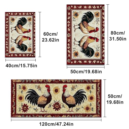 Red Farmhouse Kitchen Rugs Set of 3, Non Slip Washable Durable Stain Resistant Floor Mat Set,Warm Home Decoration Rooster Welcome Kitchen Runner Rug 16"X24"+20"X32"+20"X47" - color: Red Grid Pattern&rooster
