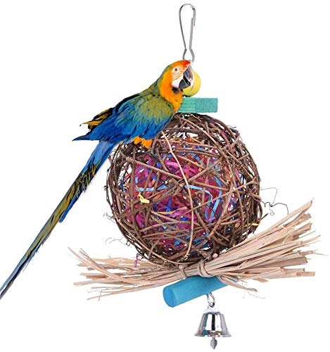 Litewoo Bird Chew Shredder Foraging Toy Natural Rattan Ball Preening Toy with Paper Strips Bell Toy for Parakeet Cockatiel Budgie Conure Lovebird Finch Canary African Grey Cage Accessories (1 PC)