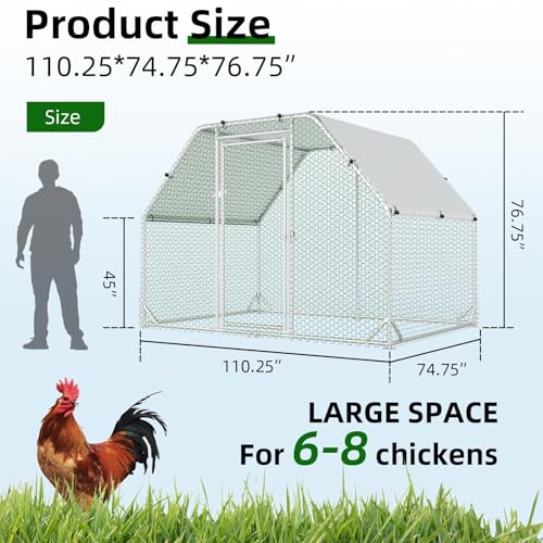 4ever2buy Metal Chicken Coop, 9.2x6.3 FT Walk-in Chicken Run Pen Poultry Cage, Water-Resistant & Anti-UV Cover, Large Chicken Coop for 6-8 Chickens - size: 110.3"L x 74.8"W x 76.8"H