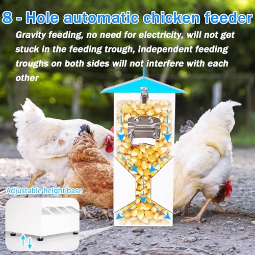 20LB Automatic Chicken Feeder with 8 Feeding Ports, No Waste Design, Height-Adjustable Legs & Secure Locking Lid for Chickens, Ducks & Poultry