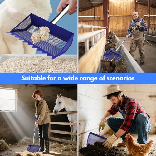 Chicken Poop Scooper Rake 2-in-1,304 Stainless Steel Shovel Head, Chicken Litter Scoop with Handle for Chicken Coop for Sand, Pet Waste Cleaning, Litter Sifting Shovel (35 to 65") (Blue, 10inch) | Chicken Poop Scooper - color: Blue, size: 10inch