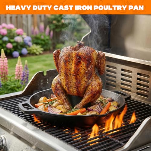 onlyfire Pre-Seasoned Cast Iron Chicken Roaster for Beer Can Turkey | Poultry Holder with Drip Tray for Beer Can Chicken, Vertical Stand for Grill, BBQ and Oven