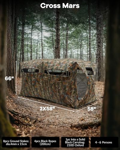 Portable Pop-Up Hunting Blind, 4-6 Person Camouflage Ground Blind with 270° See-Through Windows, Waterproof, Windproof, Silent Design, for Deer & Turkey Hunting