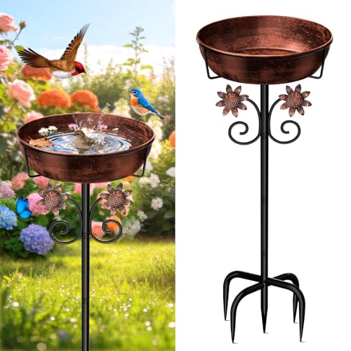 3" Deep Metal Bird Bath for Outside, Removable 12" Dia Vintage Bird Baths Bowl for Outdoors with Stable 5-Prong Stake, 37" H Freestanding Birdbath for Garden Patio Yard Lawn (Brush Bronze)