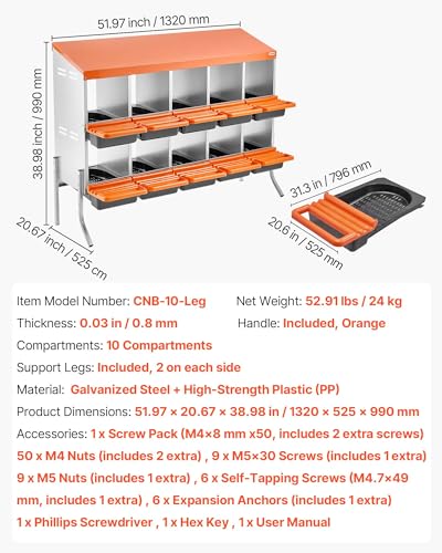 VEVOR Chicken Nesting Boxes, 10 Compartments, with Support Legs, Easy Egg Collection, Galvanized Steel and High-Strength Plastic, Roll Away Nesting Boxes for Chickens and Hens Laying Eggs, Orange - size: 52.0"L x 20.7"W x 39.0"H