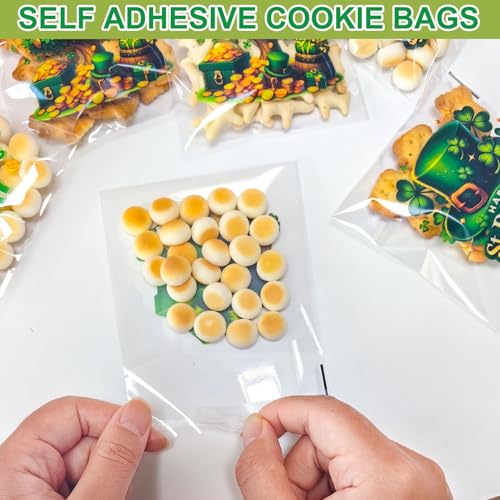 ZYLOP Self-Sealing St. Patricks Cookie Bags – 100PCS 4x4 Inch Green Shamrock Cellophane Treat Candy Goodie Bags, Clear Self-Adhesive Gift Bags for Irish Party, Classroom, Bakery, Holiday Favors - color: St. Patricks 100pcs