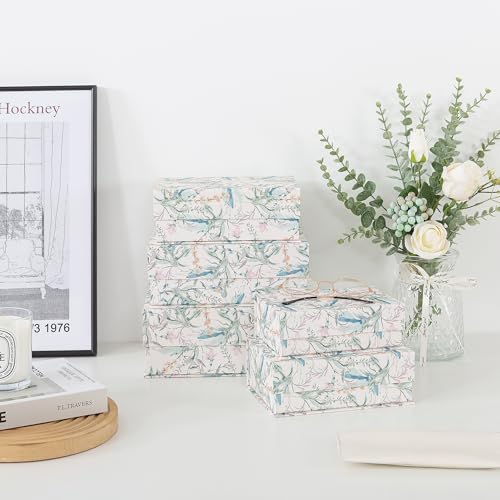 Soul & Lane - Floral Nesting Decorative Boxes with Magnetic Lids, Set of 5 | Cardboard Keepsake Storage Boxes with Magnet Closure, Large Memory and Gift Organizers for Photos and Home Decor - color: Meadow Mist