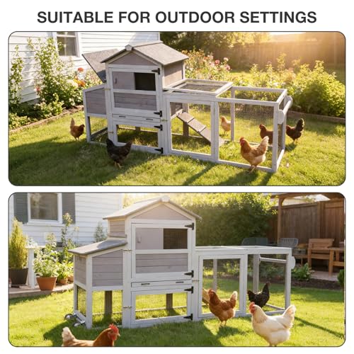 Large Chicken Coop with Wheels, Wooden Hen House with Run & Nesting Box, for 3-5 Chickens, Waterproof Asphalt Roof, Ramp & Leakproof Tray, Expandable - Grey - color: Grey (AIR72)