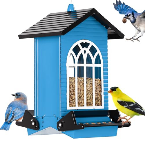 Gbekery Squirrel Proof Bird Feeder for Outdoors,5LB Large Capacity,Metal Wild Bird Seed Feeder with Bilateral Weight-Activated Perches for Outside Hanging,Garden Decoration,Blue - color: Blue