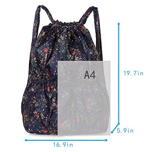 Van Caro Drawstring Backpack String Bag Sport Gym Sackpack Cinch Water Resistant Nylon Large Capacity Shopping Yoga Bag,Blue with Red Flower - color: 5898 Blue With Red Flower