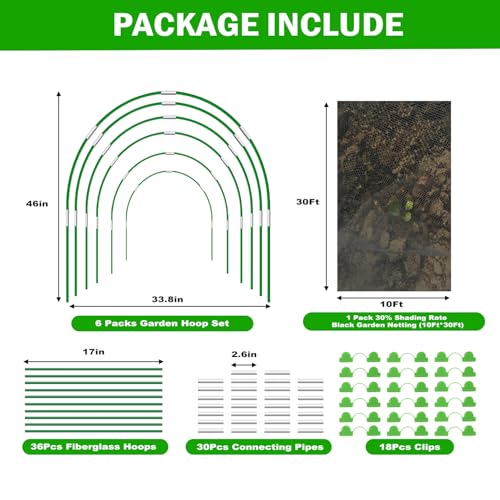 Garden Mesh Netting Kit, 10x30FT Black Ultra Fine Netting & 6 Sets 8FT Fiberglass Garden Hoops, Garden Netting with Frame for Raised Beds, Garden Hoops and Netting for Row Cover, Plant Insect Barrier - color: Black