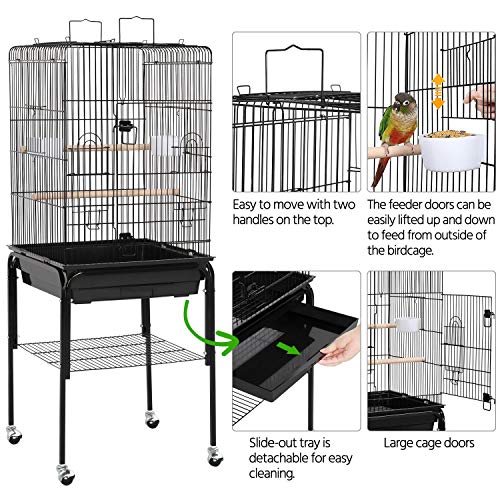 Yaheetech 53.5" Open Top Parrot Bird Cage with Detachable Rolling Stand, Roof Play Flight Cage for Cockatiels, Sun Conures, Green Cheek Conures & Small to Medium Parrots
