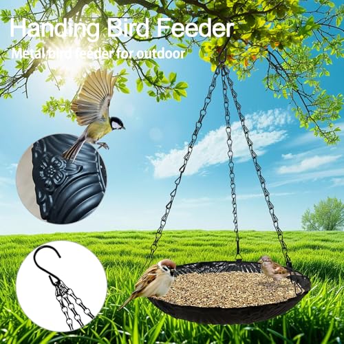 Platform Bird Feeder，11 inch Large Metal Hanging Tray Bird Feeders for Outside, 2 Pack - color: Black-2pack