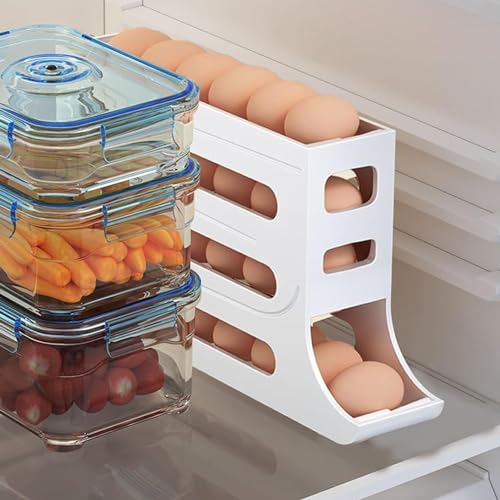 4 Tiers Egg Holder for Fridge， Automatic Egg Rolling Rack, 30 Eggs Storage Rack, Egg Distributor for Refrigerator, Egg Storage Rack for Kitchen (White)