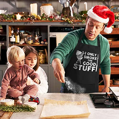 VAGAVY 100% Cotton, Black Funny Aprons for Men, Dad, Husband - Birthday, Father’s Day Grilling Gifts for Papa, Husband. - color: I Only Smoke the Good Stuff - Black