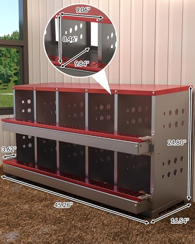 Chicken Nesting Box for Laying Eggs, 10-Compartment Galvanized Steel Nesting Boxes for Hens, Front Access Egg Tray, Easy Wall Mount Design, Includes 10 Training Eggs - color: Red