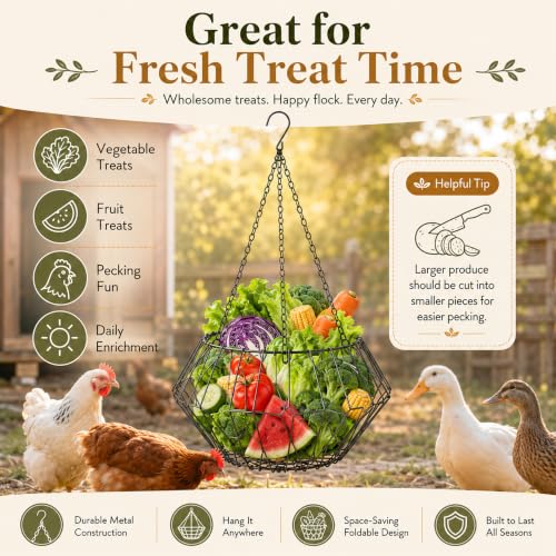 Hanging Chicken Feeder, 9.25IN Large Foldable Poultry Feeder Vegetable Fruits Basket with 4pcs Hanging Stainless Chain, Chicken Treat Holder Ball Boredom Toys for Chicken Hens Duck Coop, Black, 1 Pack - size: 1 Pack