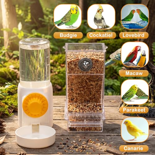 Jingmore 4 Pcs No Mess Small Bird Feeder Parakeet Water Dispenser Set Automatic Clear Parakeet Feeder Acrylic Watered Cage Accessories for Canary Budgie Lovebirds Finches(White) - color: White