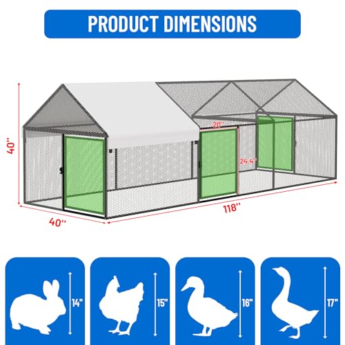 NUGRIART Metal Chicken & Duck Coop with Run – 118”x40”x40” Waterproof Poultry Cage, Portable Chicken Run, Ideal for Chicks, Hens & Ducks - size: 118.0"L x 40.0"W x 40.0"H