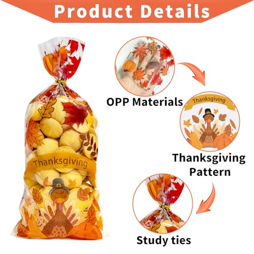 QOIUSO 100PCS Thanksgiving Treat Bags with 110 Twist Ties – Fall Cellophane Gift Bags for Cookies, Candy, Snacks, and Party Favors – Pumpkin, Turkey & Maple Leaf Thanksgiving Goodie Bags for Kids - color: Thanksgving-100pcs