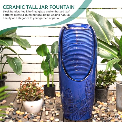Autodaya 33" H Ceramic Jar Outdoor Water Fountain with Lights, Cobalt Blue | Natural Charm Water Feature with 3D Tropical Leaf Pattern, Soothing Cascading Waterfall for Peaceful Garden Patio Yard Porch - color: 32"h Cobalt Blue New