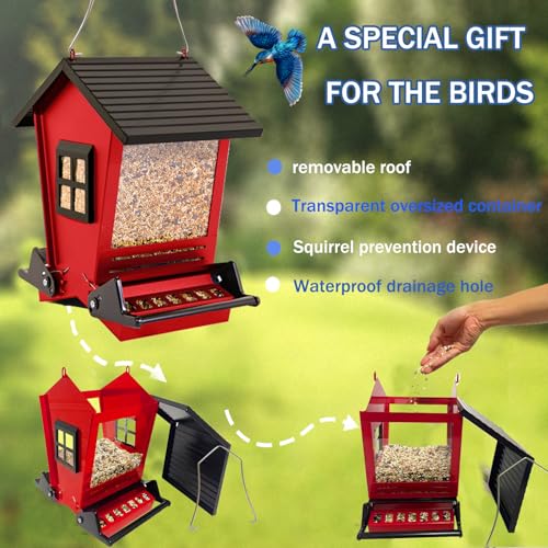 LSCQYYCCSquirrel Proof Bird Feeders for Outdoors Hanging, 5LB Capacity Metal Wild Birdfeeders Outside Hanging,Large Feeder that Attracts Cardinals, Chickadees, and More Birds-One in red ﻿ - color: red