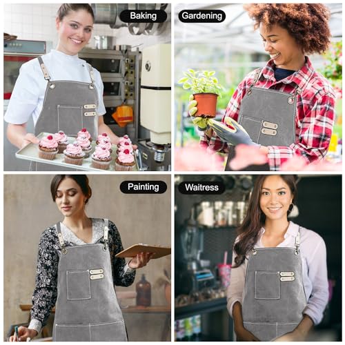 Hongsome Cotton Canvas Cross Back Apron for Art Painting Garden Chef Bartender Work,Women Men 3 Pockets Waterproof M-XXL - color: Grey