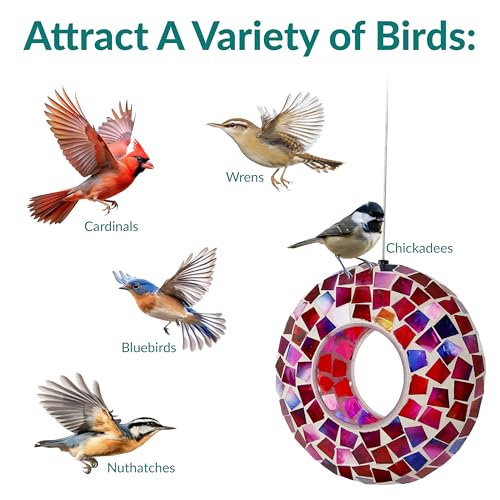 Sunnydaze Mosaic Glass Bird Feeder, Fly-Through, Crimson Mosaic | 6" Small Unique Hanging Bird Feeder for Outdoors, Drainage Hole, Weather-Resistant, Birdfeeder for Cardinals, Jays, & Finches - color: Crimson Mosaic