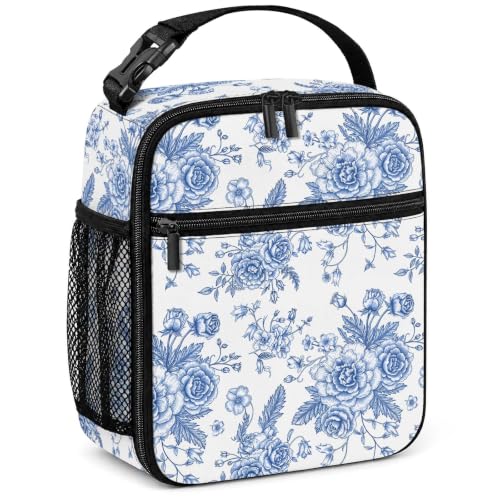 Girls Lunch Box Women Insulated Lunch Bag for Kids Adult, Blue Floral | Reusable Lunchbox, Cooler Tote Bag with Cup Holder, Lightweight, High Capacity, Multiple Pockets for School Work Travel - color: Blue Floral