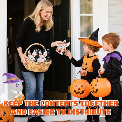 100PCS Halloween Treat Bags with Bunny Ear Ties, Ghost Castle Designs | Thick plastic goodie bags, 2 Halloween designs, ideal for candy, party favors, classroom exchanges and trick-or-treat - color: White & Black