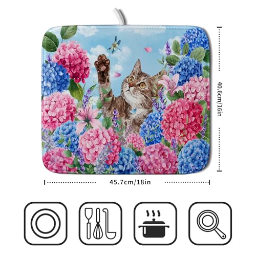 Hydrangea Floral Dish Drying Mat Cute Cat Microfiber Absorbent Dish Drying Pad for Kitchen Counter 16 X 18 - color: Colorful Hydrangea Cat, size: 18" x 16"