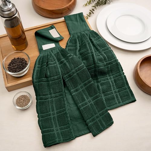 Blue Needles Hanging Kitchen Towels - Forest Green 100% Cotton Solid Kitchen Tie Towel, Set of 2 Hand Dish Cloth with Hanging Loops 9 x 17 Inches, Absorbent, Super Soft, and Fast Drying Home Essential - color: Forest Green