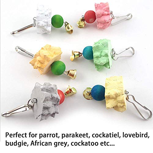 6PCS Bird Grinding Beak Calcium Stone with Bell Rat Mineral Lava Block Trimming Teeth Chewing Toys for Chinchilla Bunny Budgie Cockatiel Parakeet Parrot(Random Delivery of Color)