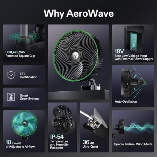 VIVOSUN AeroWave E9 Grow Tent Auto Oscillating Clip Fan, 9" Fan,1-Pack | EC Motor, Smart Wifi Control, Weatherproof IP54, Strong Airflow, US Patented Clip Fan, 9 inch Grow Fan for Hydroponic Cooling - size: 9" Clip Fan-1 Pack