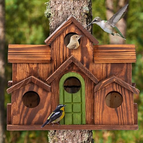 MIXUMON Bird House Outdoor, 6-Room Wooden Birdhouse for Outdoors & Outside, Carbonized Pine Wood Bird Houses with 1.57” Entrance & Easy Clean-Out Doors