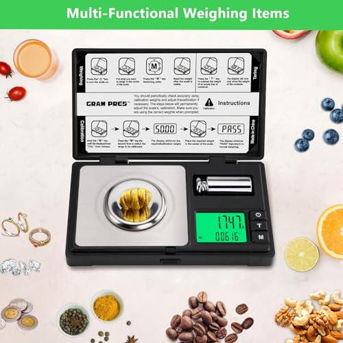 GRAM PRES High Precision Milligram Scale, Digital Mini Pocket Gram Scale | 50g/0.001g Mg Scale for Weighing Powders,Jewelry, Medicine, Gem, Reloading, with Cal Weight, Tweezer ，Tray and Scoop - color: Black