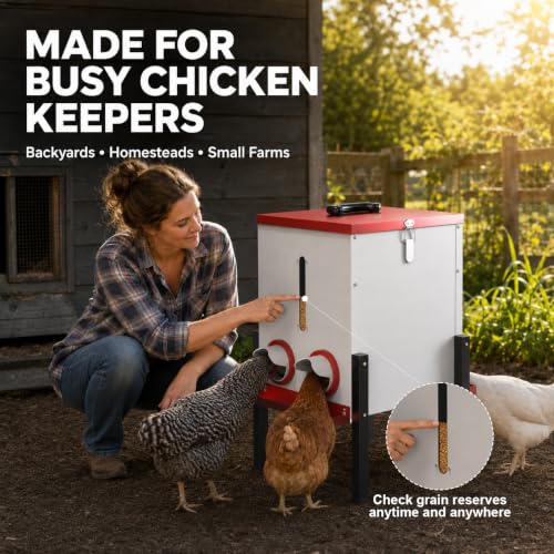 PETNF 55LB Automatic Chicken Feeder, 40L Metal No Waste Poultry Feeder with Rat-Proof Design, 4 Feeding Ports, Weatherproof Locking Lid, Height-Adjustable Legs for Chickens, Ducks and Geese