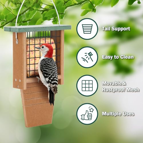 Gtongoko Recycled Plastic Suet Bird Feeder for Outside Hanging, Woodpecker Suet Feeder with Tail Prop, Hanging Suet Holder Birdfeeders, 1 Pack, Green