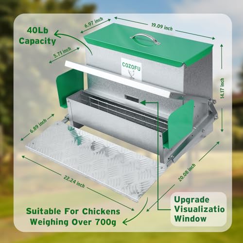 COZOFU's Feeders Automatic Chicken Feeder - Large Capacity for 12 Chickens, Lasts 12 Days (40lb Feed), Durable Galvanized Steel, Rat-Proof, No-Spill, Weatherproof Lid - color: Green, size: 40LB