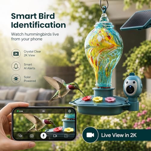 Hummingbird Feeder with Camera, Solar Powered 2K Smart Bird Feeder | AI Bird Recognition, Solar Powered, 2K Camera, Hand-Blown Glass Design, Leak-Proof, Bee Resistant, Easy to Clean