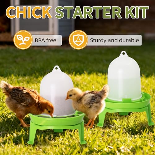 Chicken Feeder and Waterer Set with Legs, Poultry Waterer No Waste | 1.5L Waterer and 1.5kg Feeder leak proof, Baby Chick Starter Kit 3 Chassis Detachable, Handle for Ducks/Quail