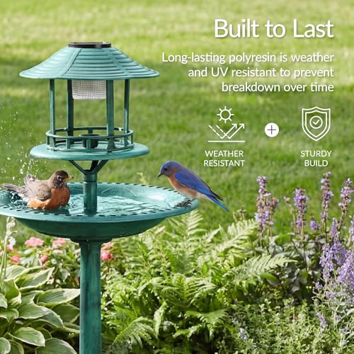 Best Choice Products Solar Outdoor Bird Bath Vintage Resin Pedestal Fountain Decoration for Yard, Garden w/Planter Base, Feeder, Decorative Bird Cage, Fillable Stand - Green - color: Green