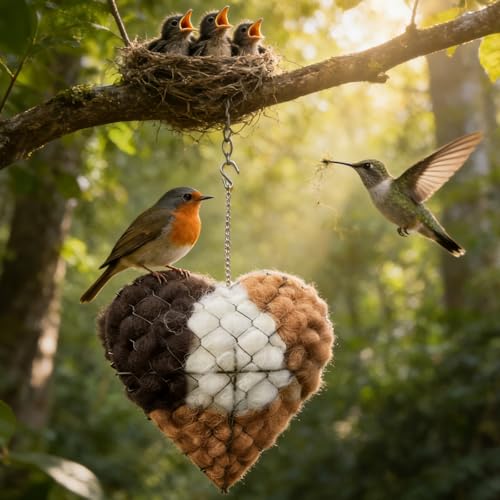 Handmade Alpaca Fiber Bird Nesting Heart, 2026 New Birds Nests Material Holder, Refillable Bird Nesting Heart Outdoor Yard Art, Winter Fowl Gifts Animal Hummingbirds Lovers Home Garden Yard (1 PCS)