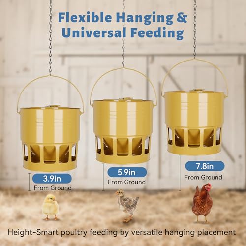 KOL Hanging Chicken Feeder – 20lbs Metal Chicken Feeder No Waste, Adjustable Poultry Feeder with 12 Ports, No Installation & Universal Height Design (Yellow) - color: Yellow