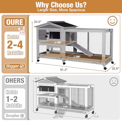 Bunny Cage Indoor and Outdoor Rabbit Hutch with Casters Waterproof Roof, Pull Out Tray from Back and Front 61.2" L x 22.6" W x 33.5" H - size: 61.2"L x 22.6"W x 33.5"H