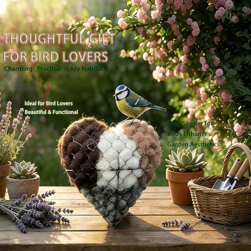 Handmade Alpaca Fiber Bird Nesting Heart, Birds Nests Material Holder, Winter Tree Shelter for Wild Bird, Hummingbird Houses Nest Boxes Gifts for Outside Garden Art Birdhouse, Birds Lovers (1pcs)