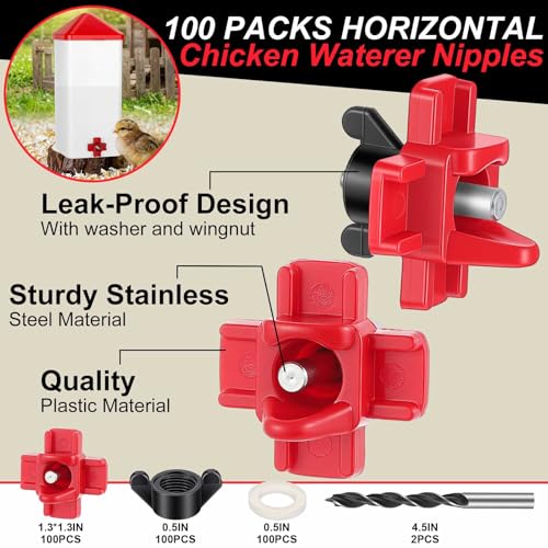 Tanlade 100 Pack Chicken Water Nipples Horizontal Automatic Chicken Waterer Nipples with Drill Bits, Gaskets & Wing Nuts for Chicks, Ducks, Quails, Hens & Poultry Coop Farm Use